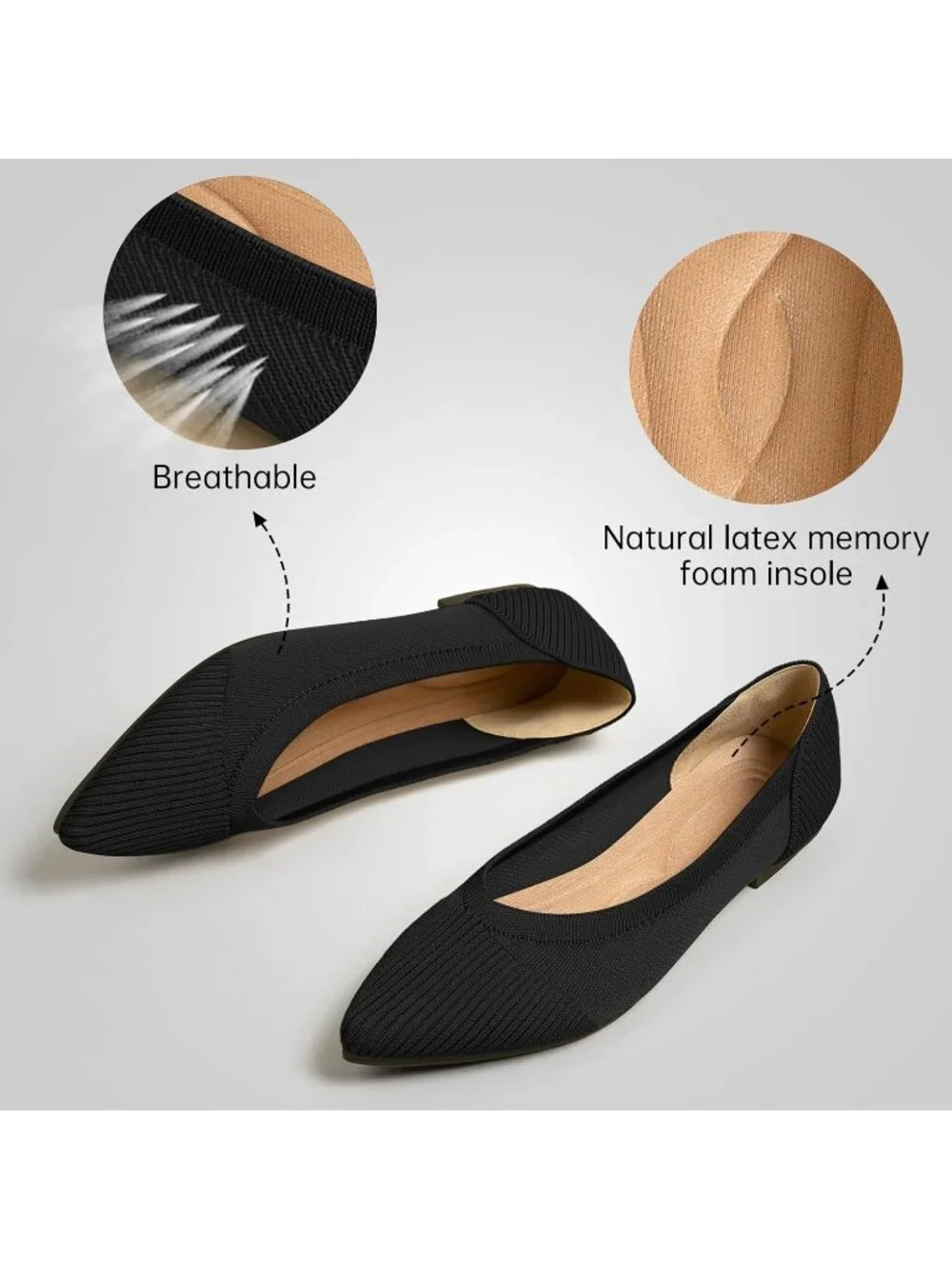 Women's Black Knit Ballet Flats Pointed Toe Comfortable Mesh Casual Shoes